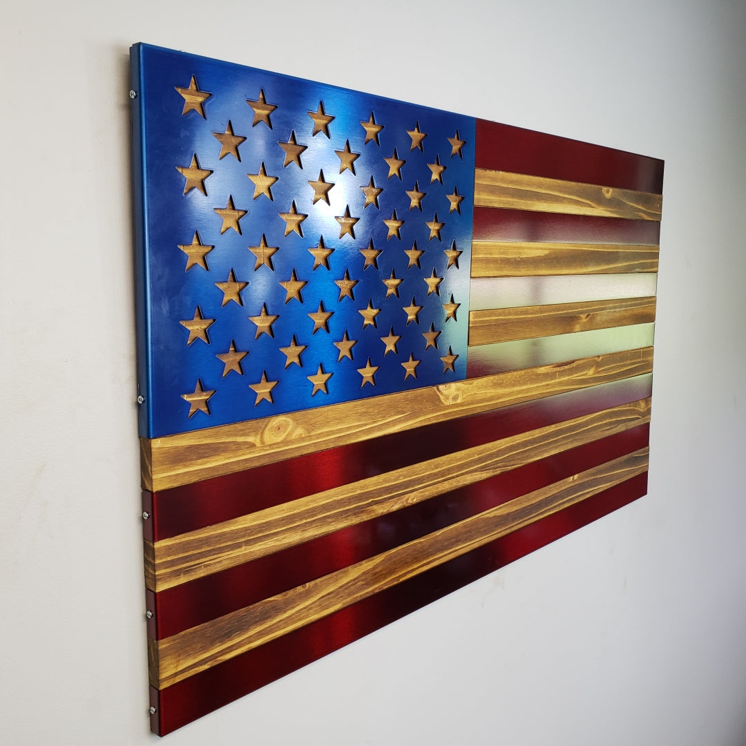 Wood Flag with Red & Blue Steel Inlays