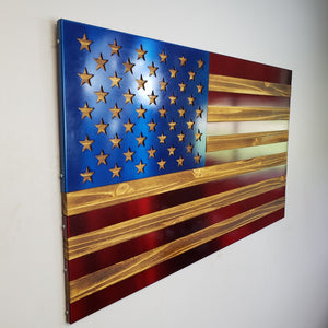 Burned / Hand Oiled Pine with Steel Flag - RED AND BLUE