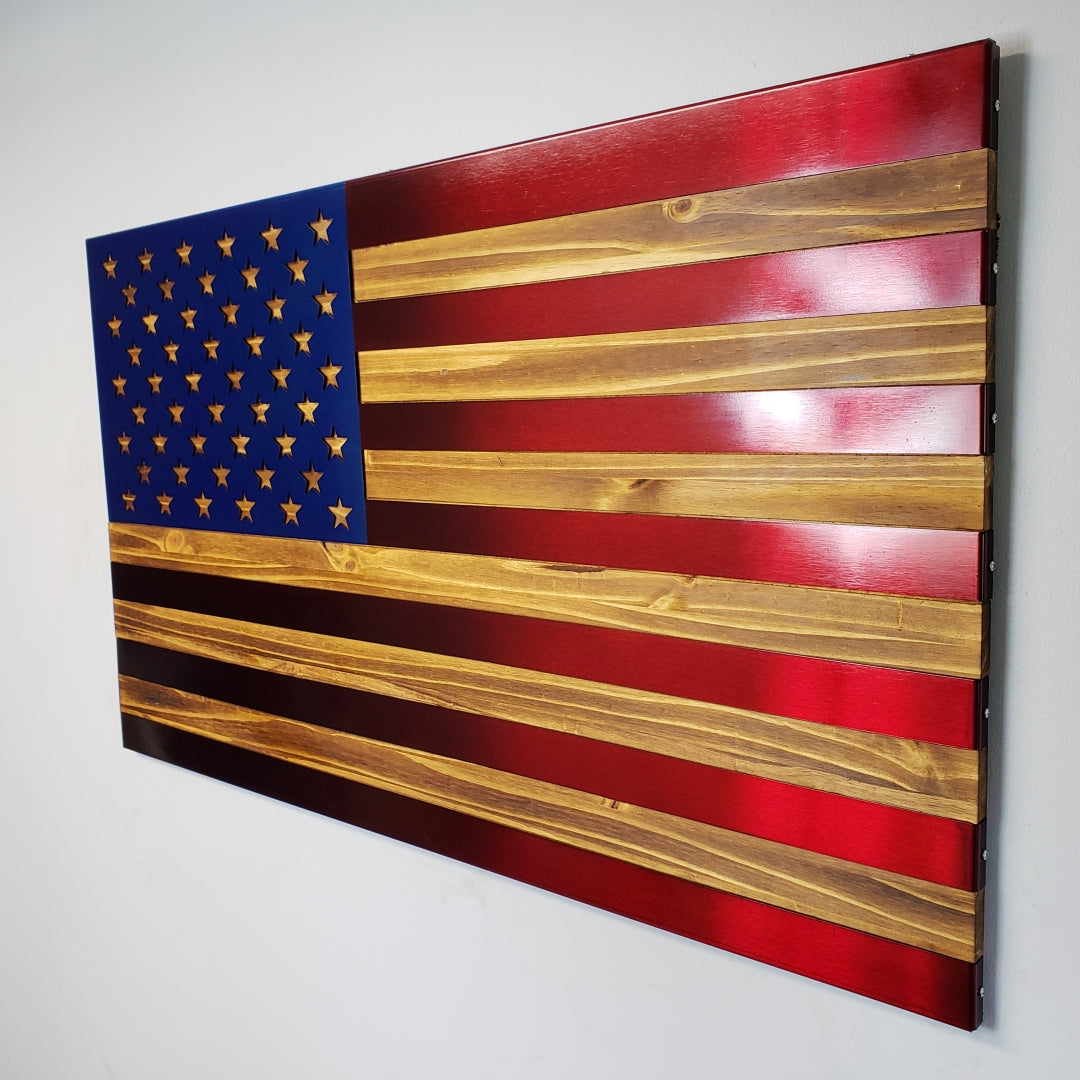 Burned / Hand Oiled Pine with Steel Flag - RED AND BLUE
