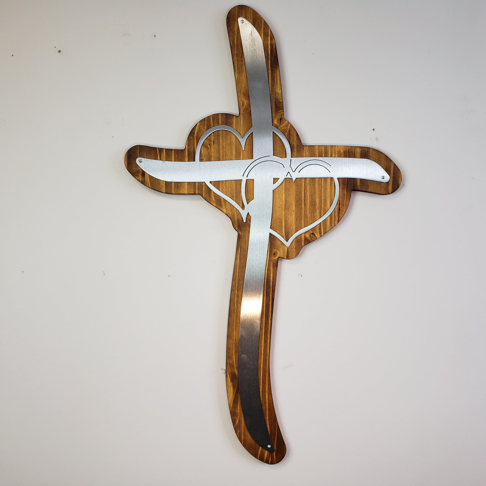 Double Heart Steel Cross on Burnt and Hand Oiled Pine