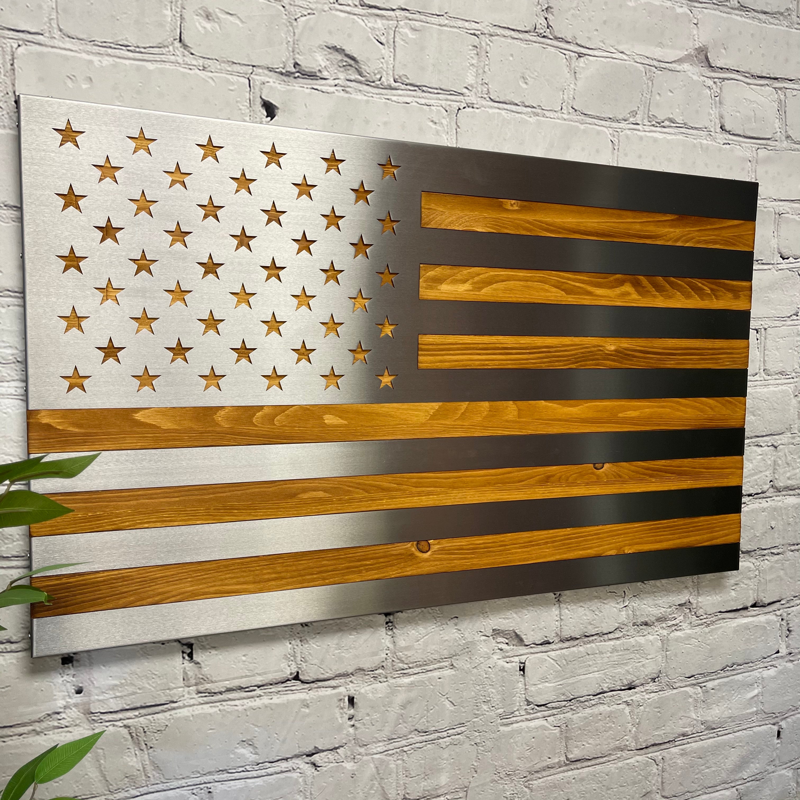 Wood Flag with Polished Steel Inlays